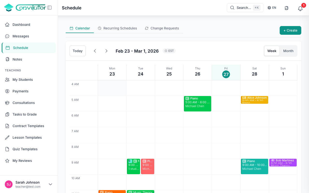 Vista de calendario semanal con lecciones programadas, sesiones grupales y consultas