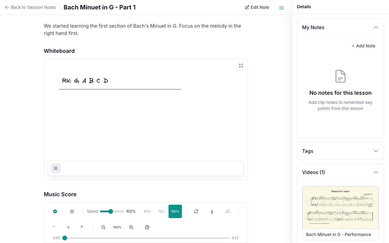 Vista detallada de una lección con pizarra, notación musical y barra lateral de vídeo